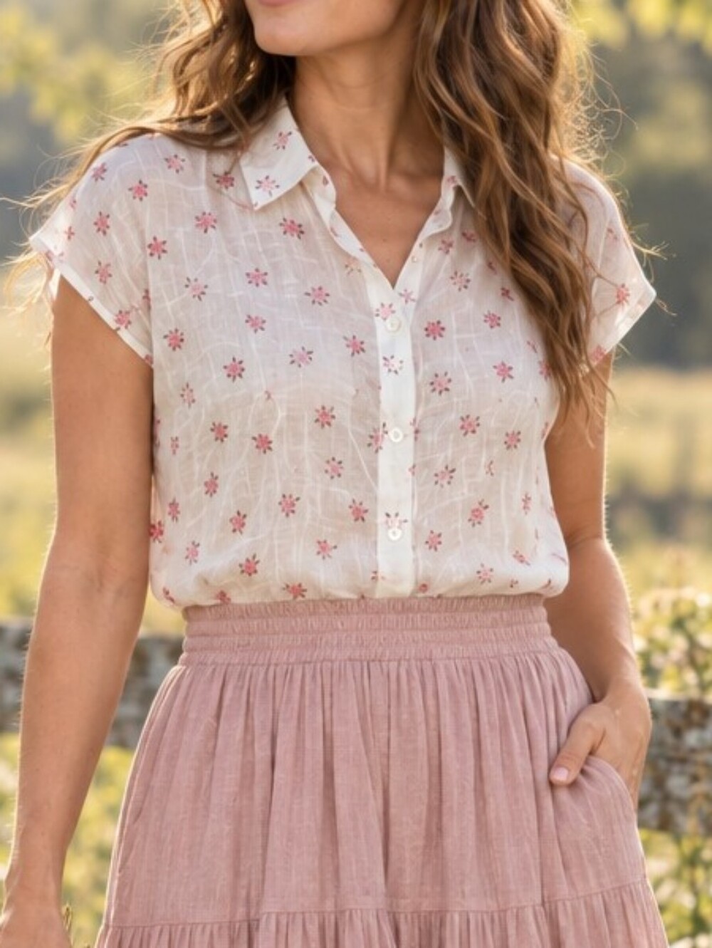 Molly Bracken Floral Button Down Top XS Cotton High Low Cottagecore